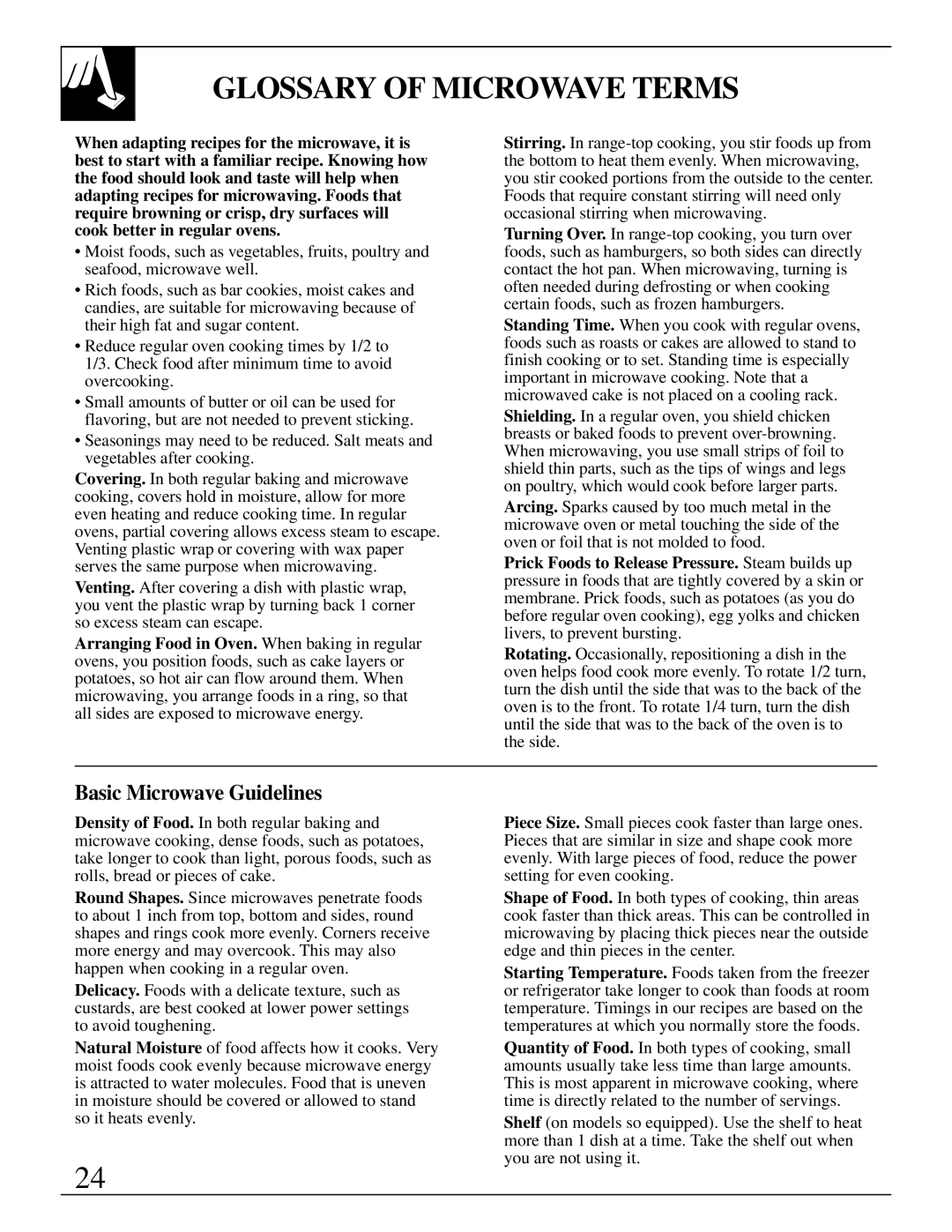 GE JVM250AV, JVM250WV, JVM250BV, 49-8622, 164D2966P142 manual Glossary of Microwave Terms, Basic Microwave Guidelines 