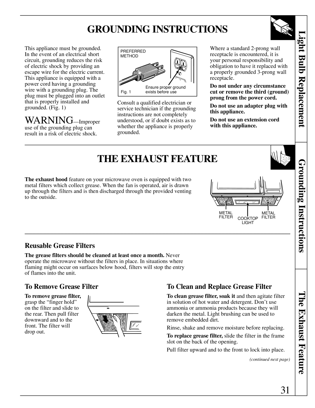 GE JVM250WV, JVM250AV, JVM250BV, 49-8622, 164D2966P142 manual Grounding Instructions, Exhaust Feature, Bulb Replacement 