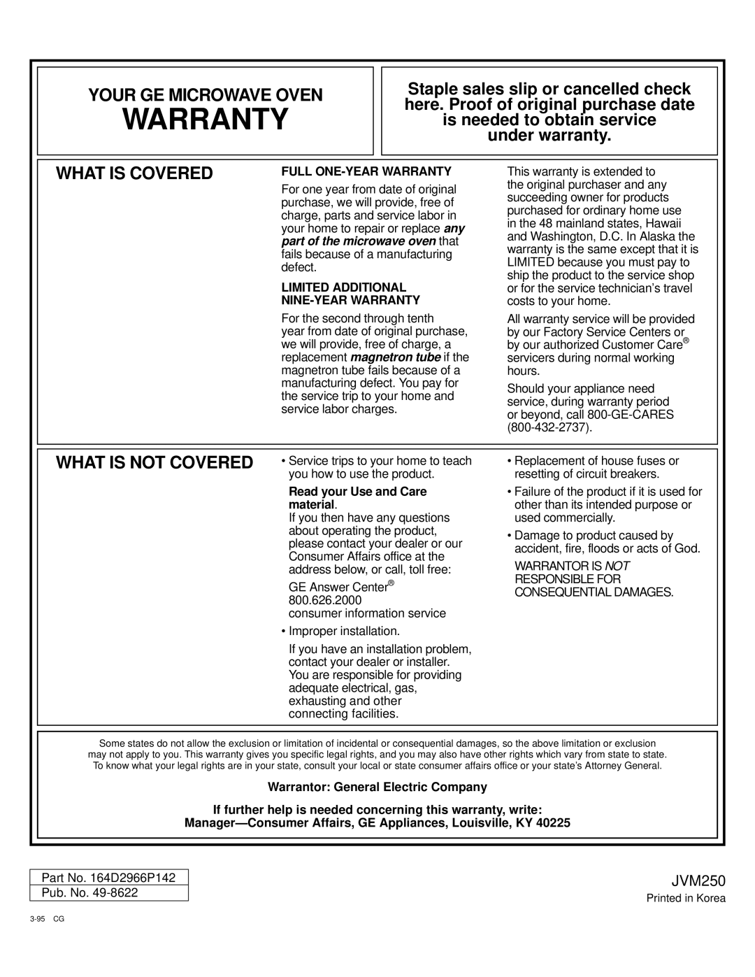 GE JVM250AV, JVM250WV, JVM250BV, 49-8622, 164D2966P142 manual Warranty 