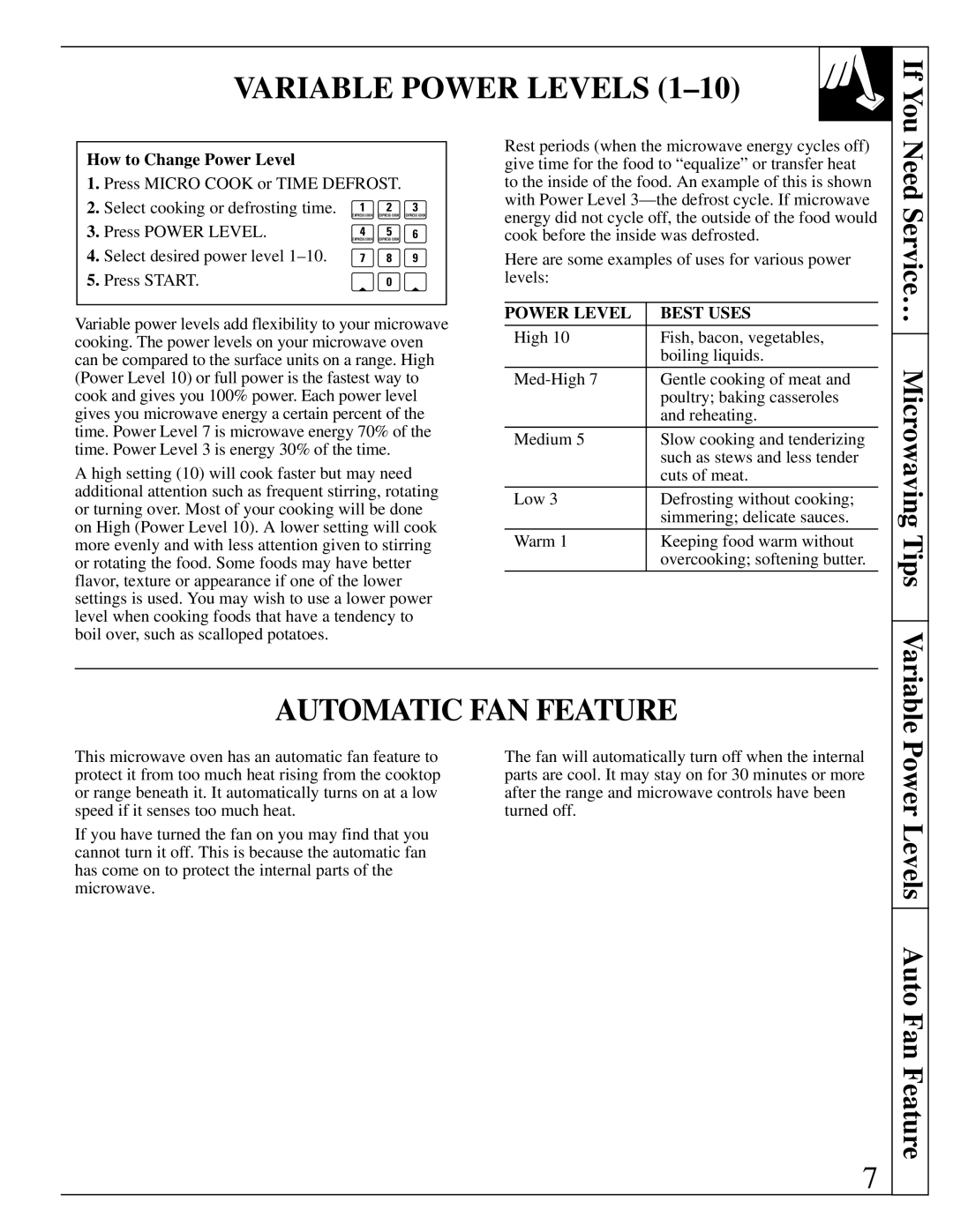 GE JVM250WV, JVM250AV manual Variable Power Levels, Automatic FAN Feature, If You, Need Service… Microwaving Tips Variable 