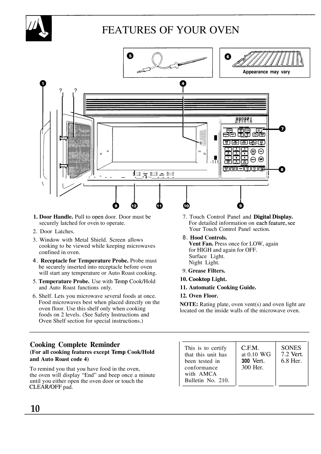 GE 49-8623, JVM260BV, JVM260AV, JVM260WV, 164D2966P143 warranty Features of Your Oven, Cooking Complete Reminder, Hood Controls 