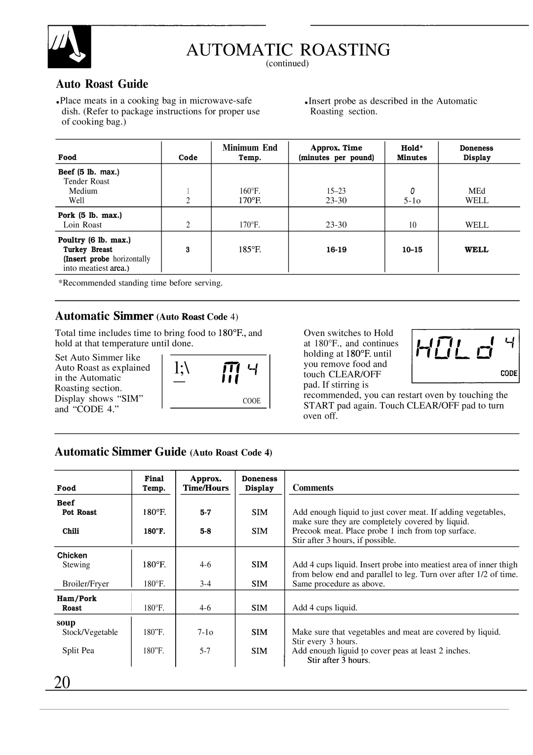 GE JVM260BV, JVM260AV warranty Auto Roast Guide, Automatic Simmer Auto Roast Code, Automatic Simmer Guide Auto Roast Code 