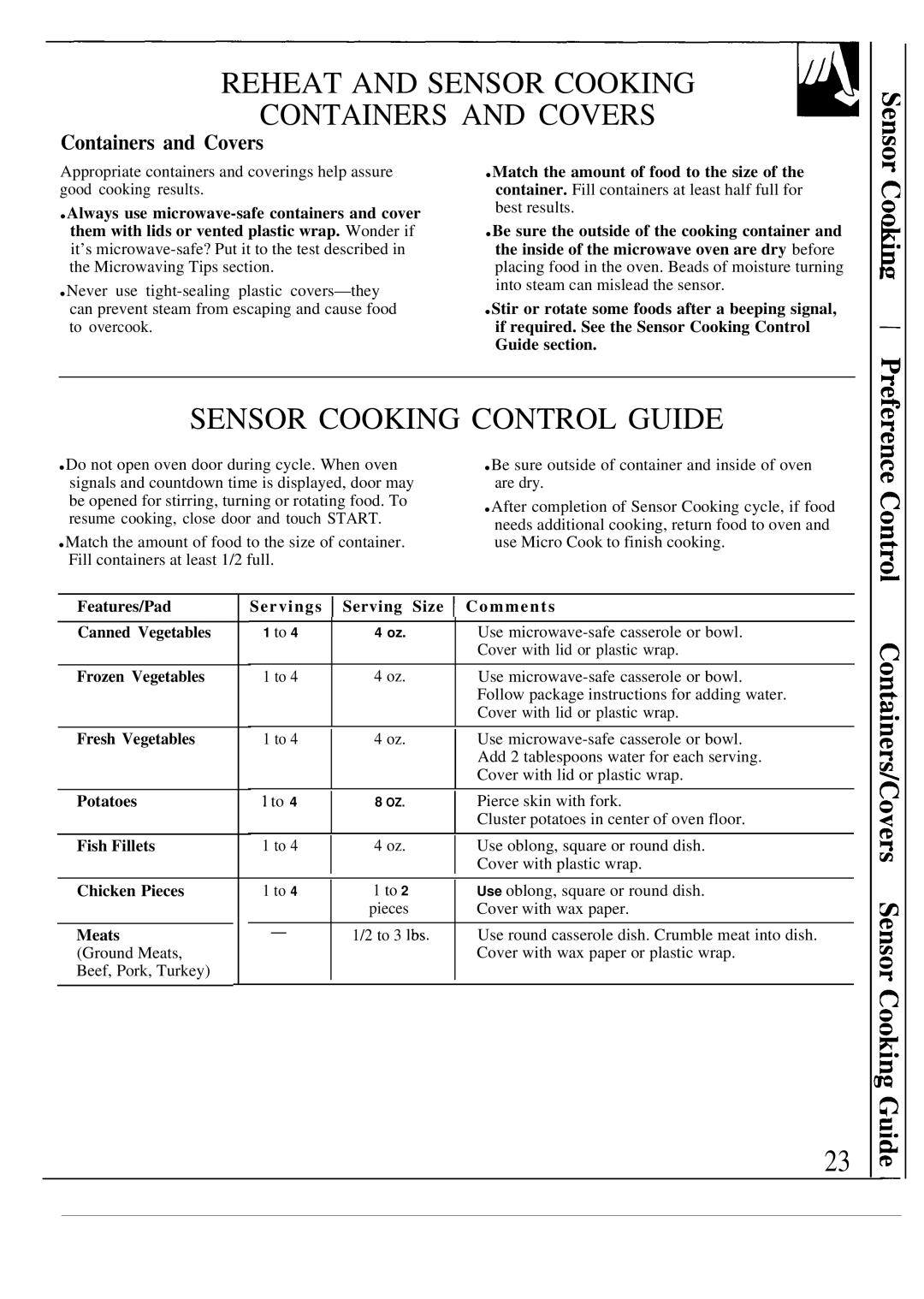 GE 164D2966P143, JVM260BV, JVM260AV, JVM260WV Reheat and Sensor Cooking Containers and Covers, Sensor Cooking Control Guide 