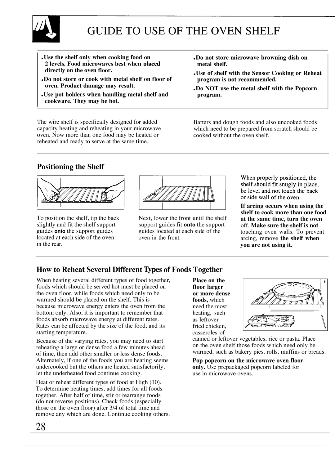 GE 49-8623 Guide to USE of the Oven Shelf, Positioning the Shelf, How to Reheat Several Different ~pes of Foods Together 