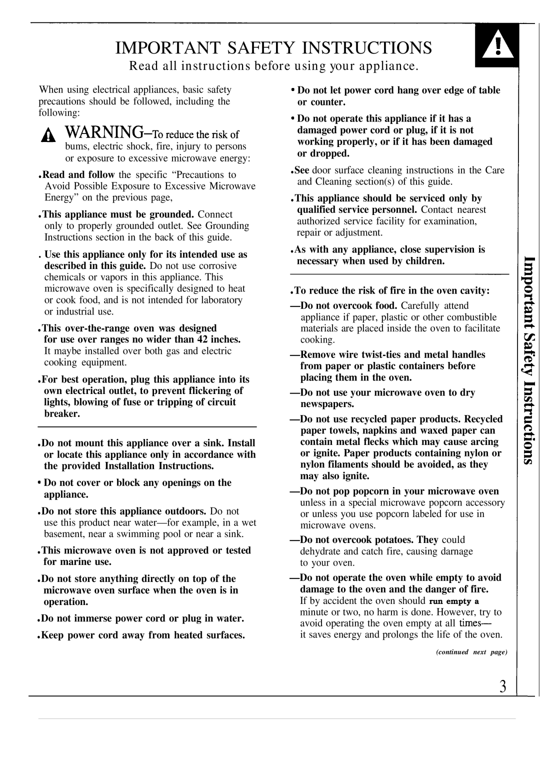 GE JVM260WV, JVM260BV, JVM260AV, 49-8623 Important Safety Instructions, Read all instructions before using your appliance 