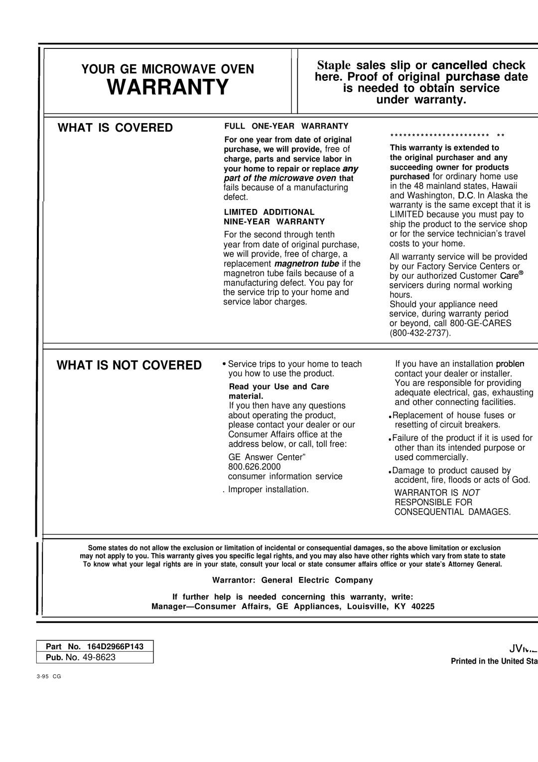 GE JVM260BV, JVM260AV, JVM260WV, 49-8623, 164D2966P143 warranty Warranty 