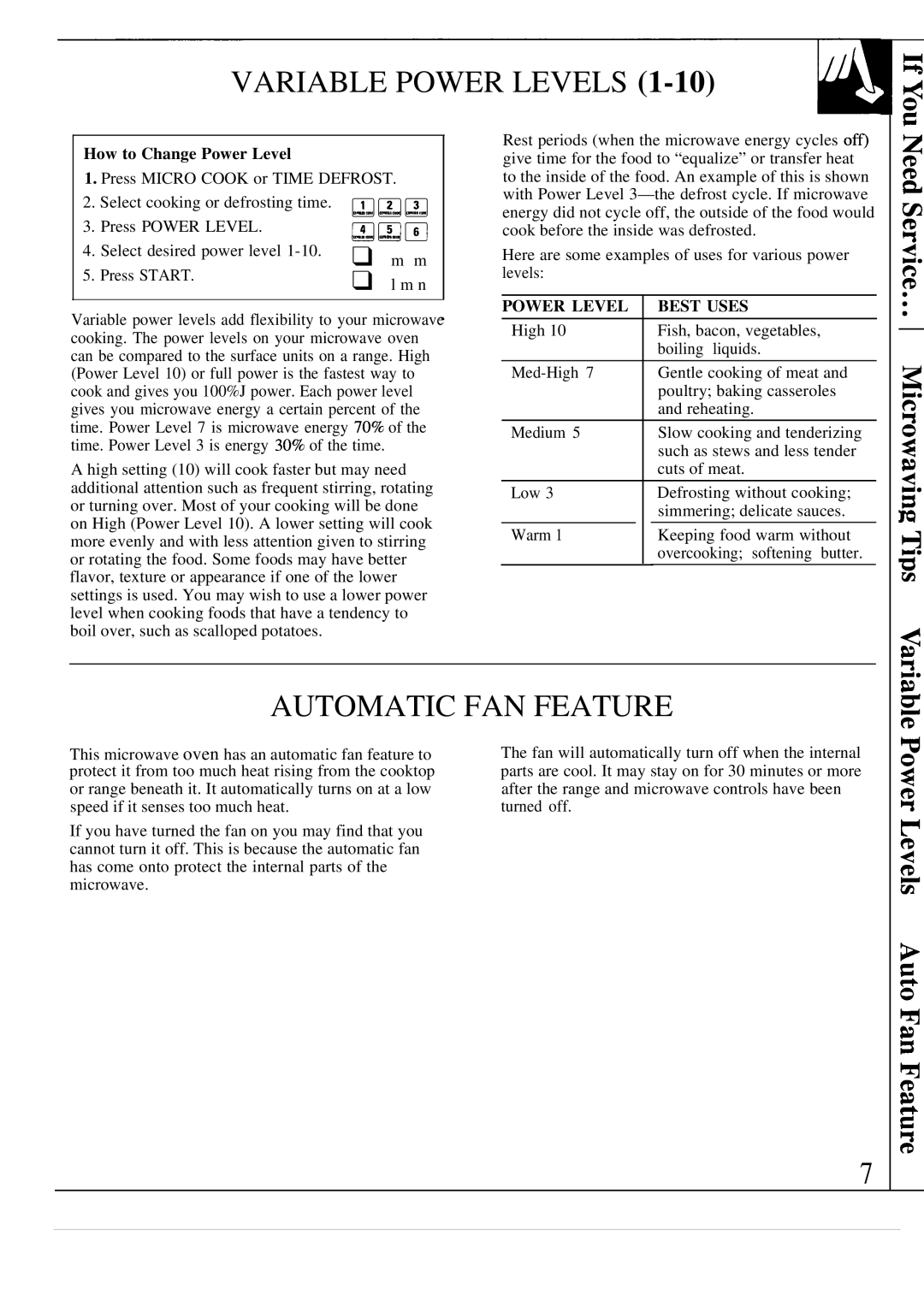 GE JVM260AV, JVM260BV, JVM260WV, 49-8623 Variable Power Levels, Automatic FAN Feature, How to Change Power Level, Iziqe 