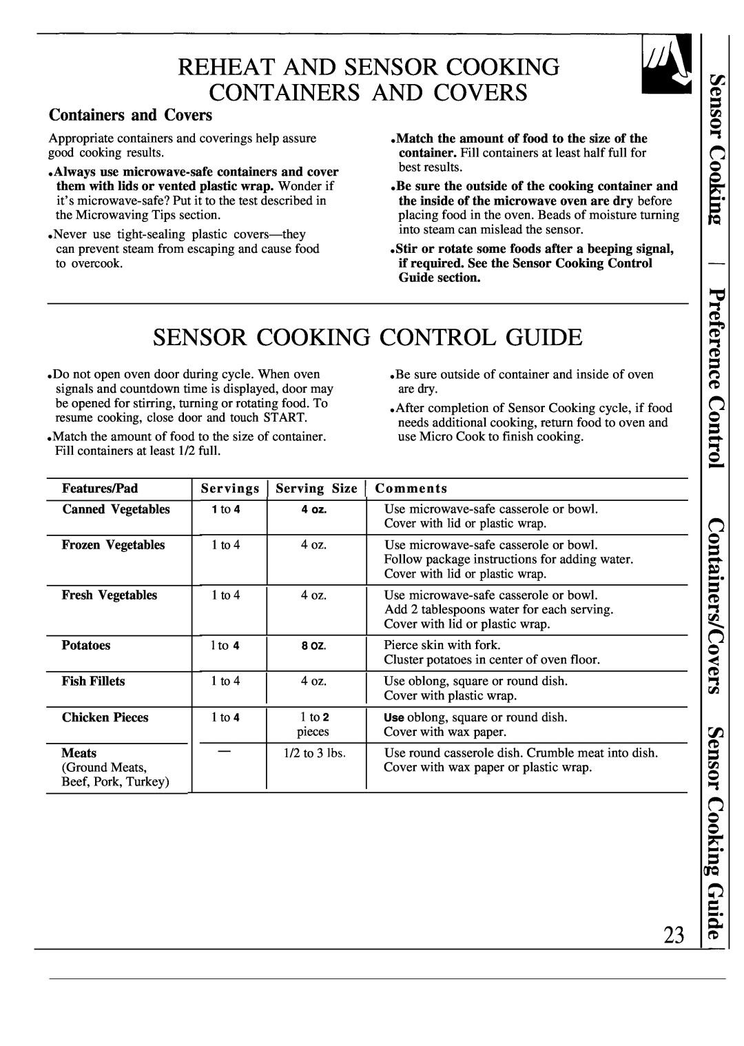 GE 164D2966P143 Reheat And Sensor Cooking Containers And Covers, Sensor Cooking Control Guide, Containers and Covers 