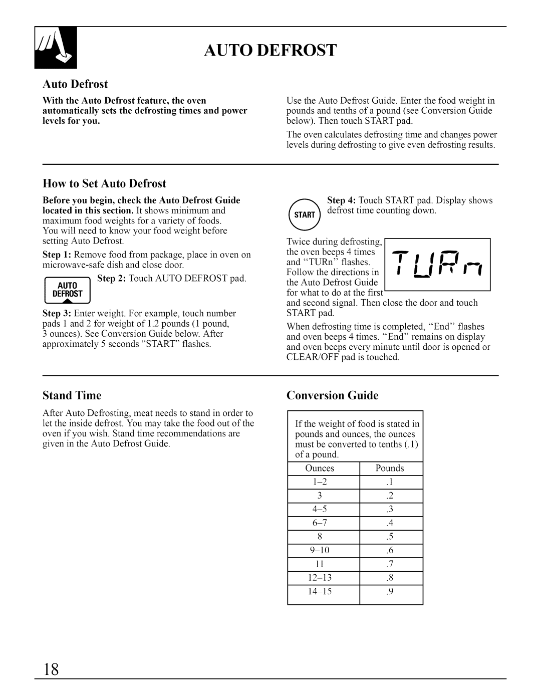 GE JVM290 manual How to Set Auto Defrost, Stand Time, Conversion Guide 