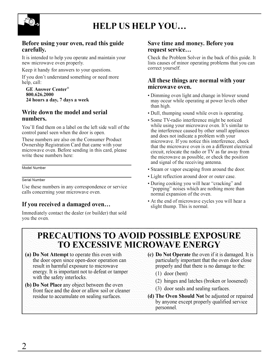 GE JVM290 manual Precautions to Avoid Possible Exposure, To Excessive Micrwave Energy, Help US Help YOU 