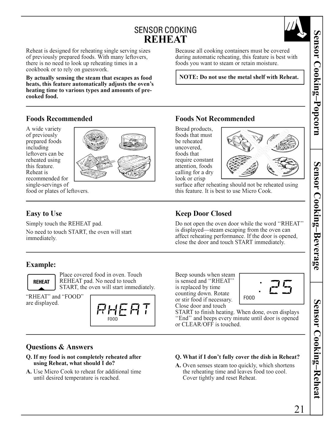 GE JVM290 manual Reheat 