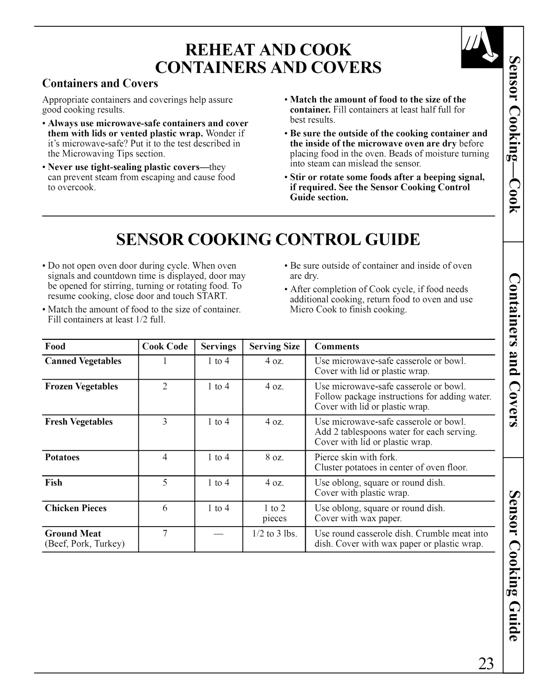 GE JVM290 manual Reheat and Cook Containers and Covers, Sensor Cooking Control Guide 