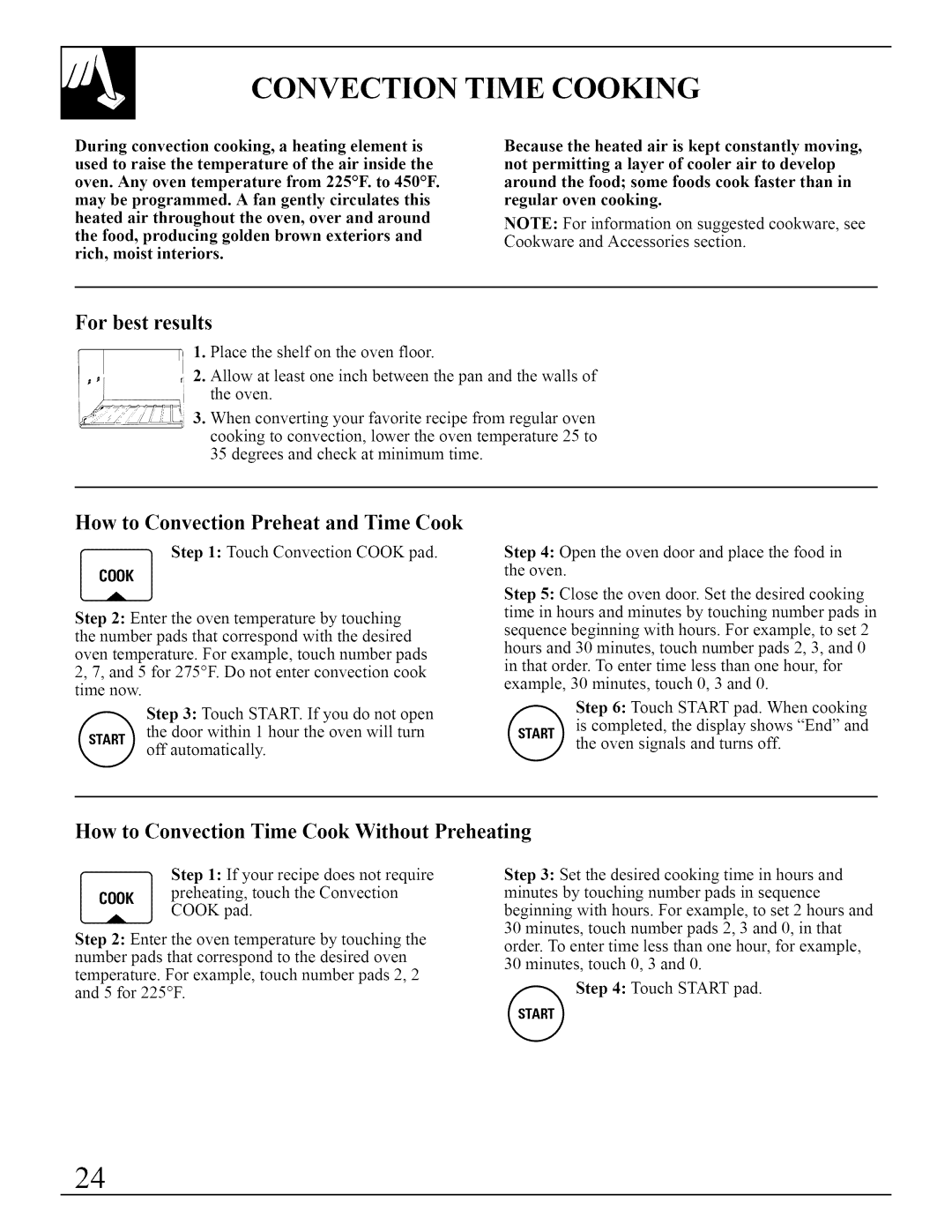 GE JVM290 manual Convection Time Cooking, For Best, Results, How to Convection Preheat and Time Cook 