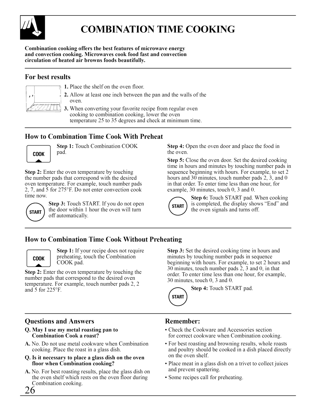 GE JVM290 Time Cooking, Best results, How to Combination Time Cook With Preheat, How to Combination Time Cook Without 