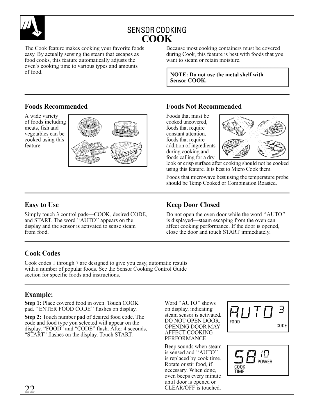 GE JVM290 manual It, Easy to Use, Cook Codes, Sensorcooking, IIUaL, Foods Recommended, Foods Not Recommended 