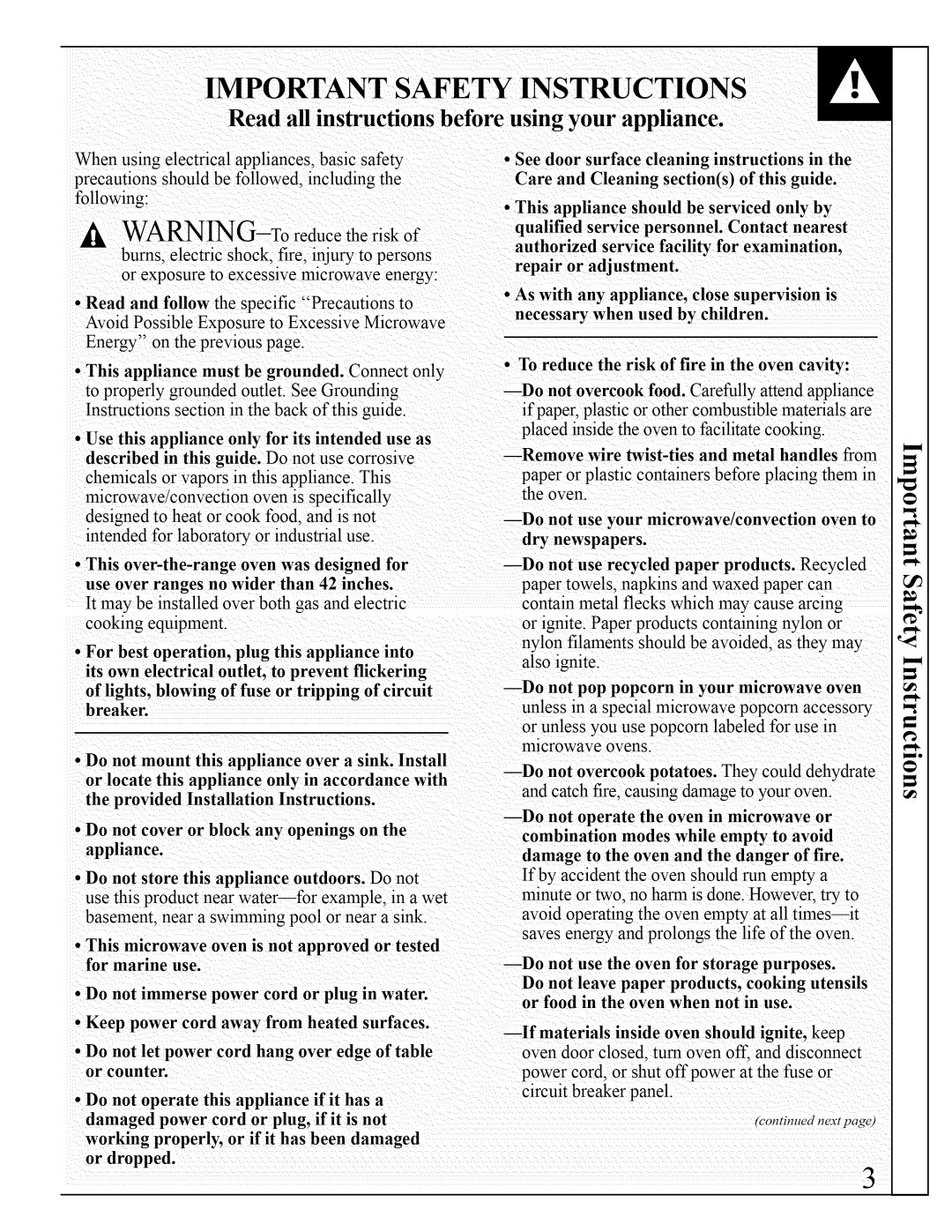 GE JVM290 manual Important Safety Instructions, Read all instructions before using your appliance 