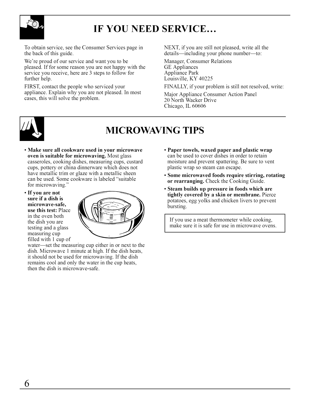 GE JVM290 manual If You Need Service, Microwaving Tips, Appliance Park, Make sure all cookware used in your microwave 