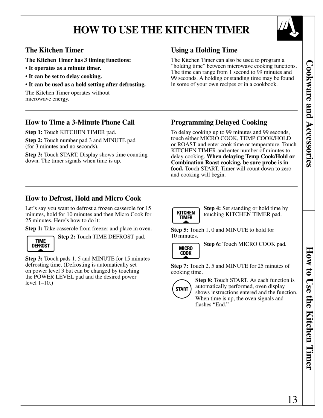 GE JVM290WV, JVM290AV, 49-8627 warranty HOW to USE the Kitchen Timer, Cookware, Accessories, How to Use the Kitchen Timer 