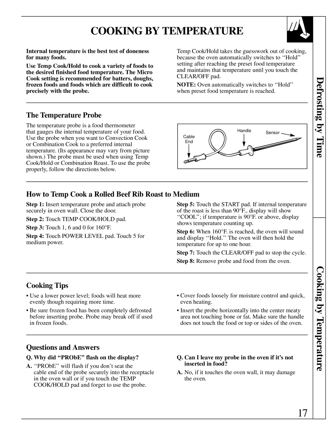 GE JVM290WV Cooking by Temperature, Defrosting Temperature Probe, How to Temp Cook a Rolled Beef Rib Roast to Medium 