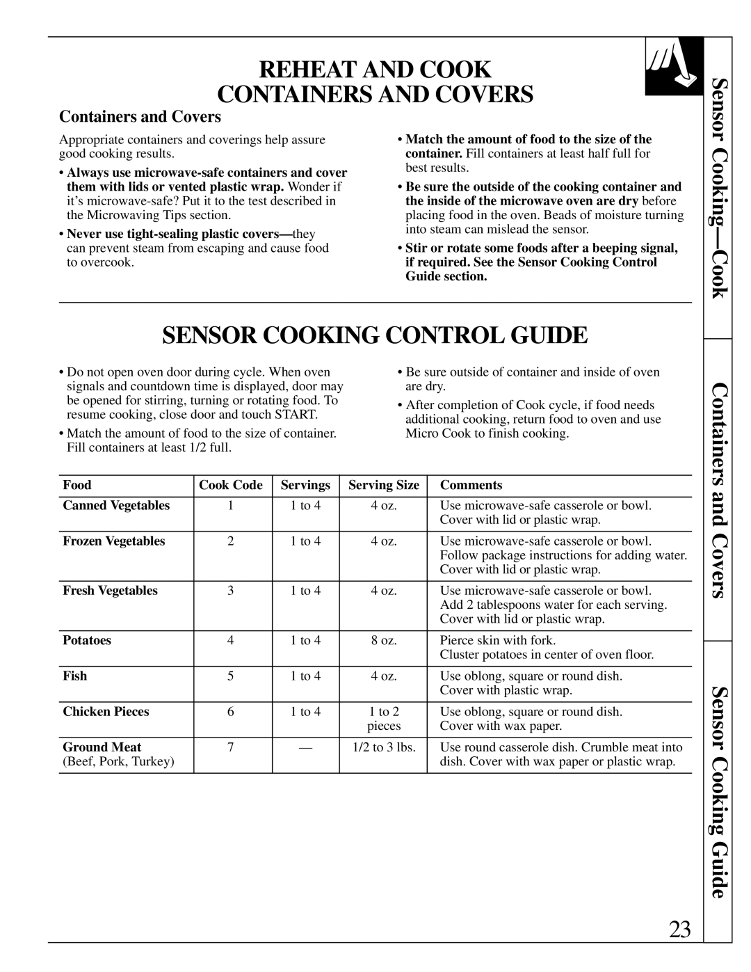 GE 164D2966P147, JVM290AV, JVM290WV Reheat and Cook Containers and Covers, Sensor Cooking Control Guide, Cooking-Cook 