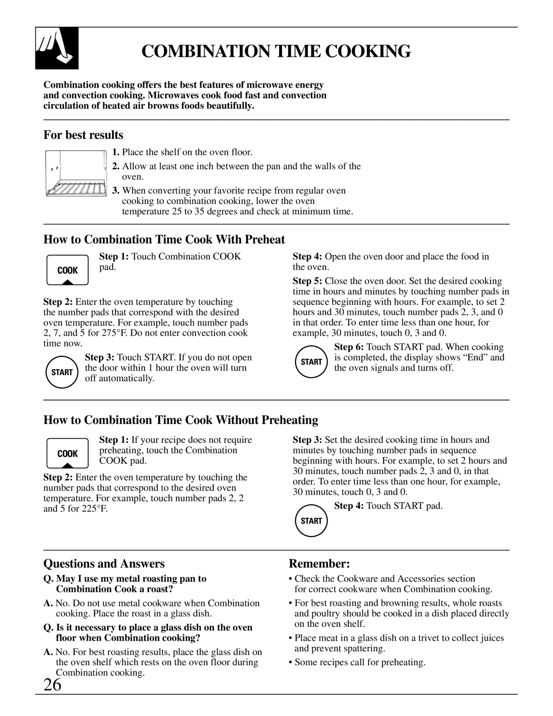 GE 49-8627, JVM290AV, JVM290WV, 164D2966P147 Combination Time Cooking, How to Combination Time Cook With Preheat, Remember 