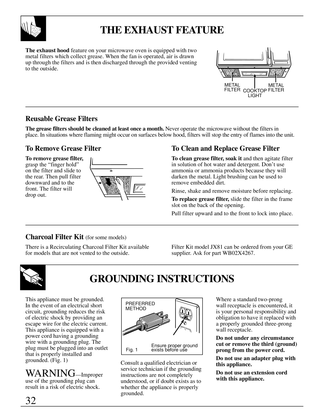 GE JVM290AV, JVM290WV, 49-8627 Exhaust Feature, Grounding Instructions, Reusable Grease Filters, To Remove Grease Filter 