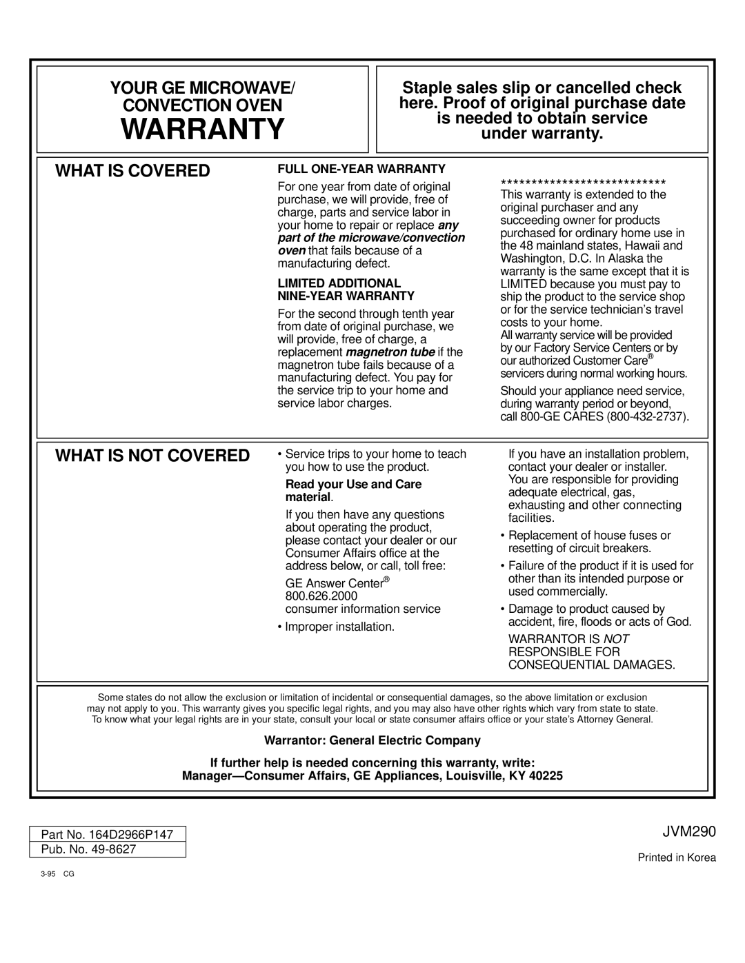 GE JVM290AV, JVM290WV, 49-8627, 164D2966P147 warranty Warranty 