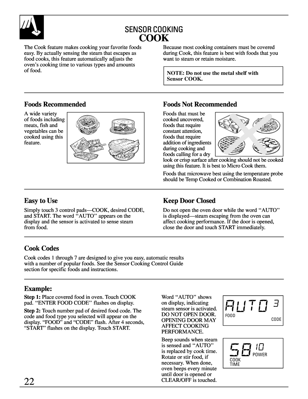 GE 49-8627 warranty Cook Codes, Sensor Cooking, Foods Recommended, Foods Not Recommended, Easy to Use, Keep Door Closed 