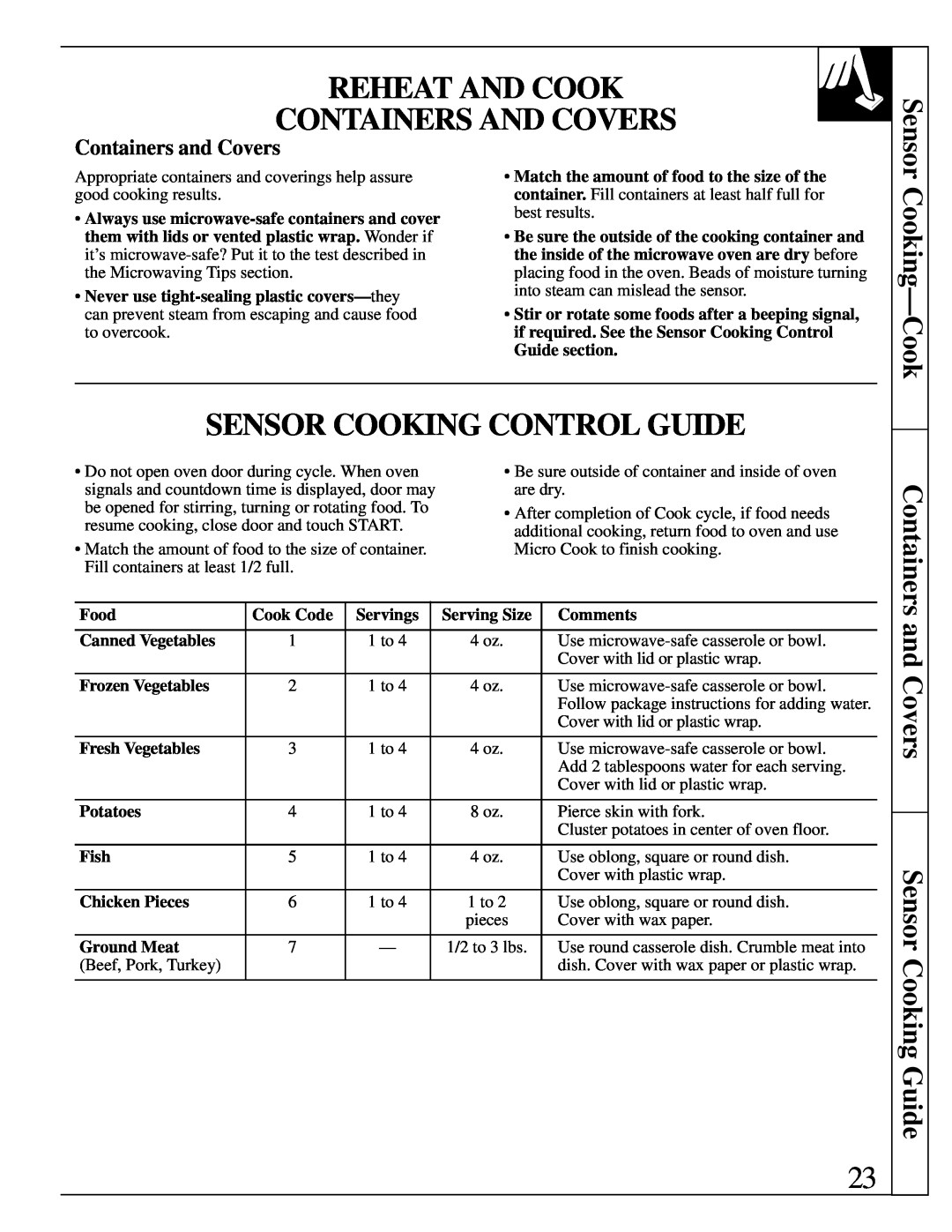 GE 164D2966P147 Reheat And Cook Containers And Covers, Sensor Cooking Control Guide, Cooking—Cook, Containers and Covers 
