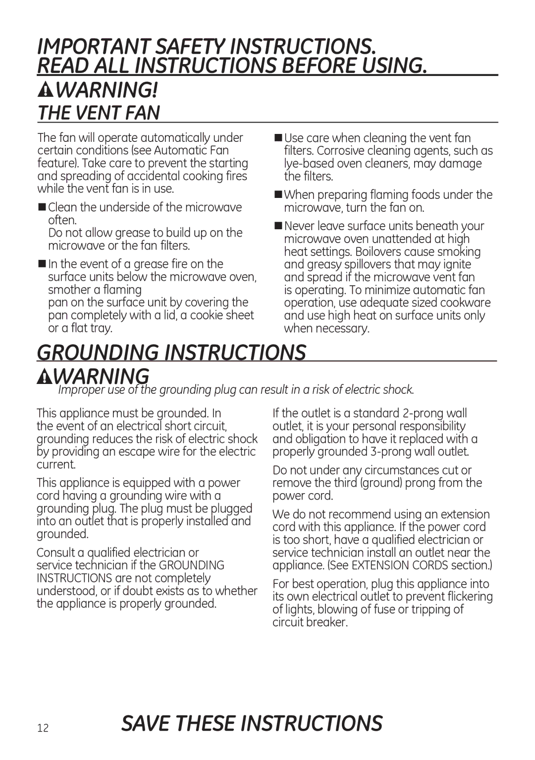 GE JVM3150, JNM3151 owner manual Grounding Instructions, Vent FAN 