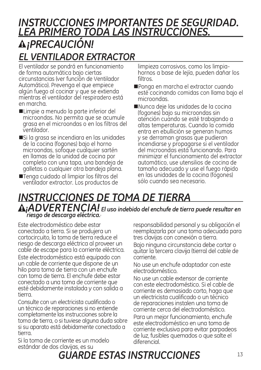 GE JNM3151, JVM3150 owner manual Instrucciones DE Toma DE Tierra, EL Ventilador Extractor 