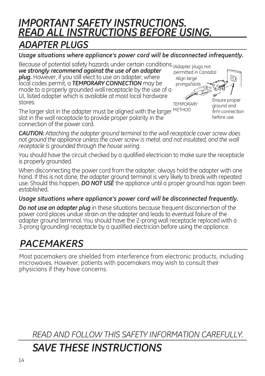 GE JVM3150, JNM3151 owner manual Adapter Plugs, Pacemakers, We strongly recommend against the use of an adapter 