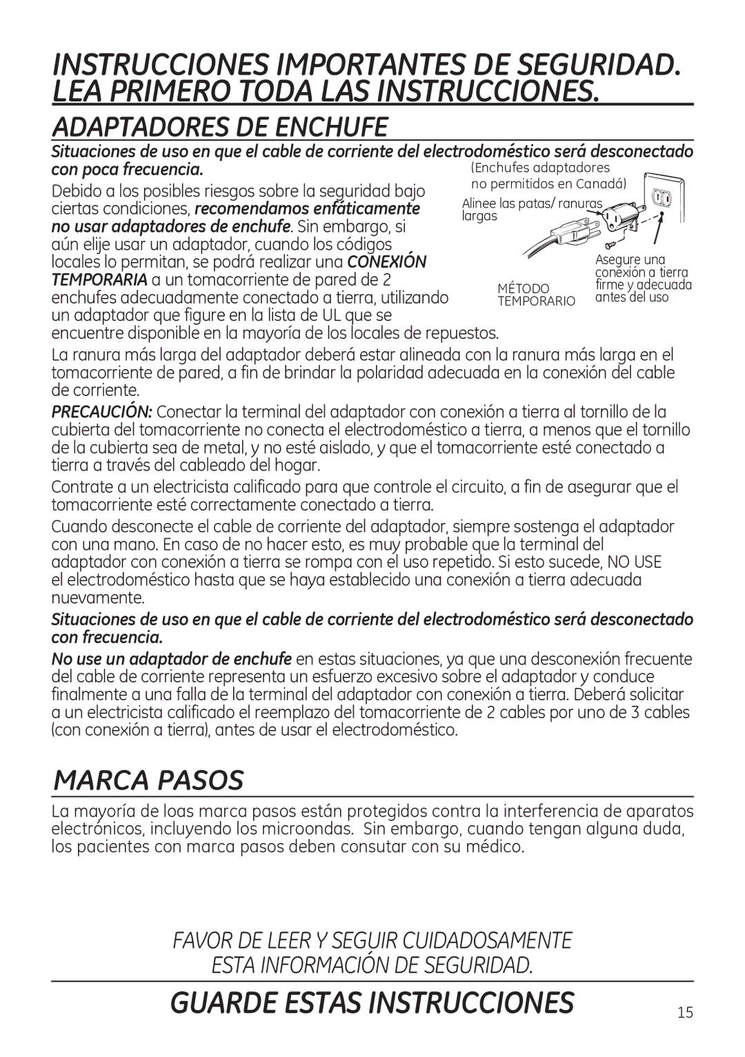 GE JNM3151, JVM3150 owner manual Adaptadores DE Enchufe, Marca Pasos 