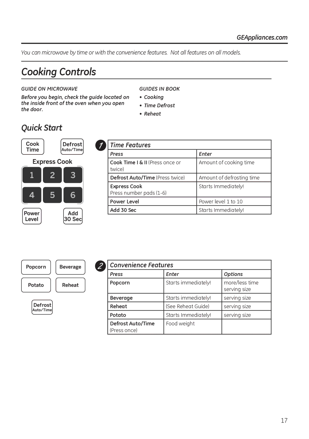 GE JNM3151, JVM3150 owner manual Cooking Controls, Quick Start, GEAppliances.com, Time Features, Convenience Features 