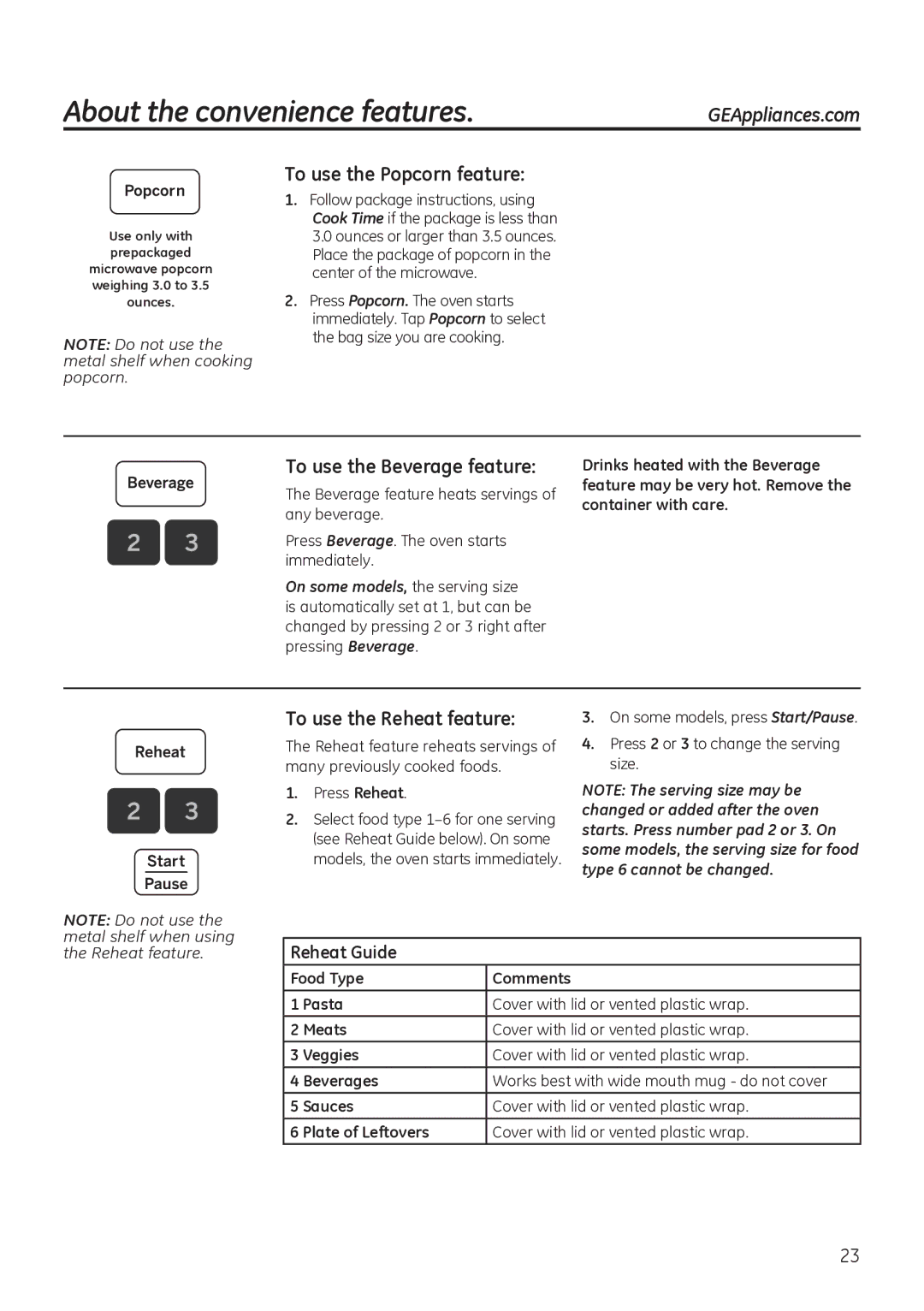 GE JNM3151, JVM3150 owner manual About the convenience features, To use the Popcorn feature, To use the Beverage feature 