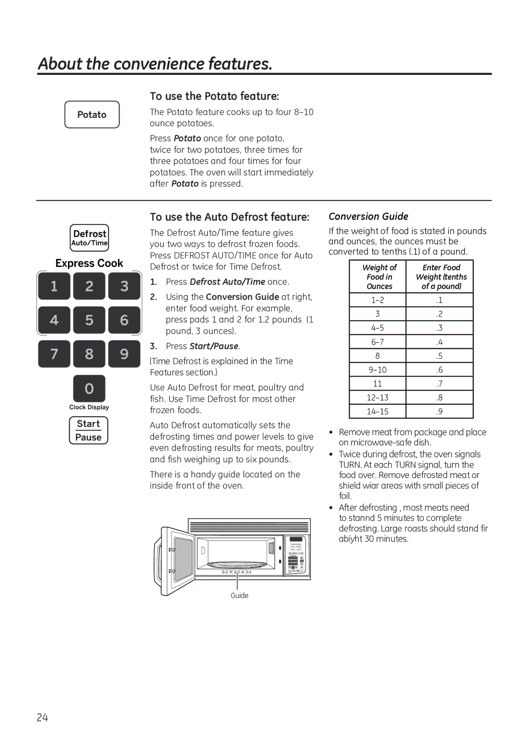 GE JVM3150, JNM3151 owner manual To use the Potato feature, To use the Auto Defrost feature 