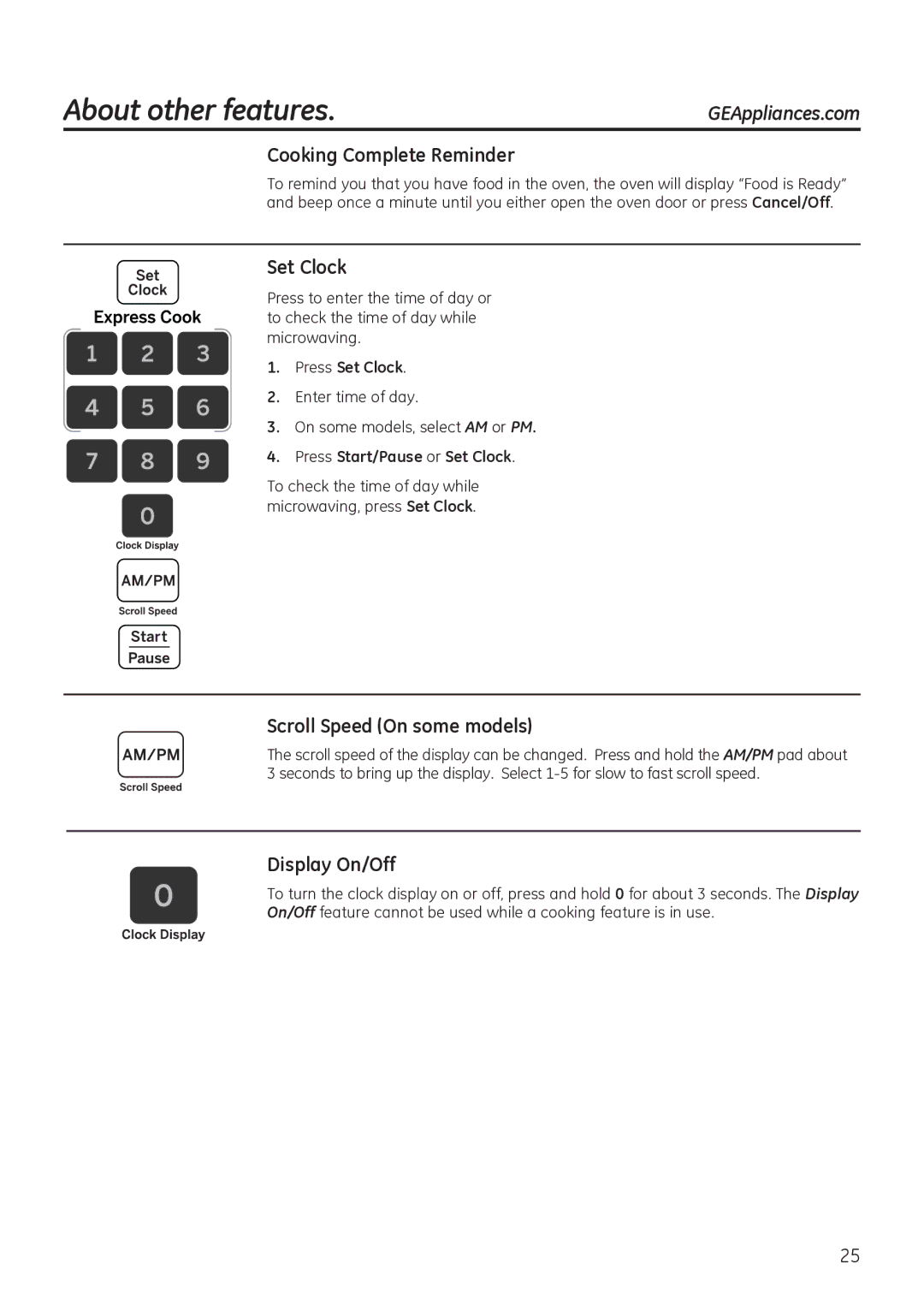 GE JNM3151 About other features, Cooking Complete Reminder, Set Clock, Scroll Speed On some models, Display On/Off 
