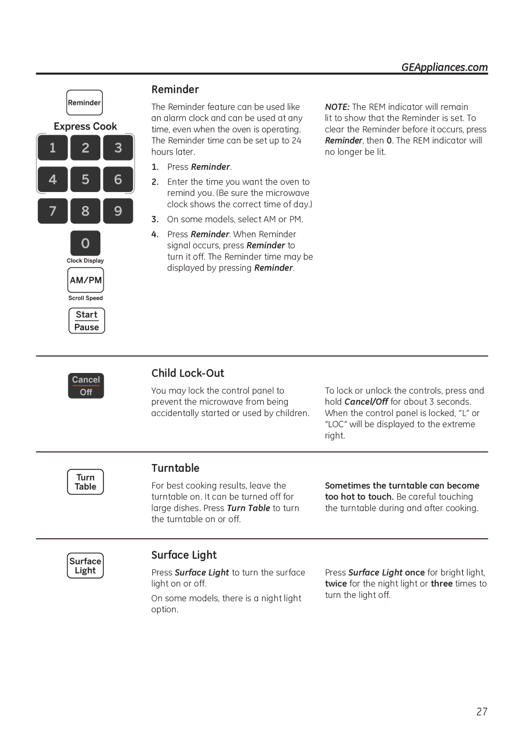 GE JNM3151, JVM3150 owner manual Reminder, Child Lock-Out, Turntable, Surface Light 