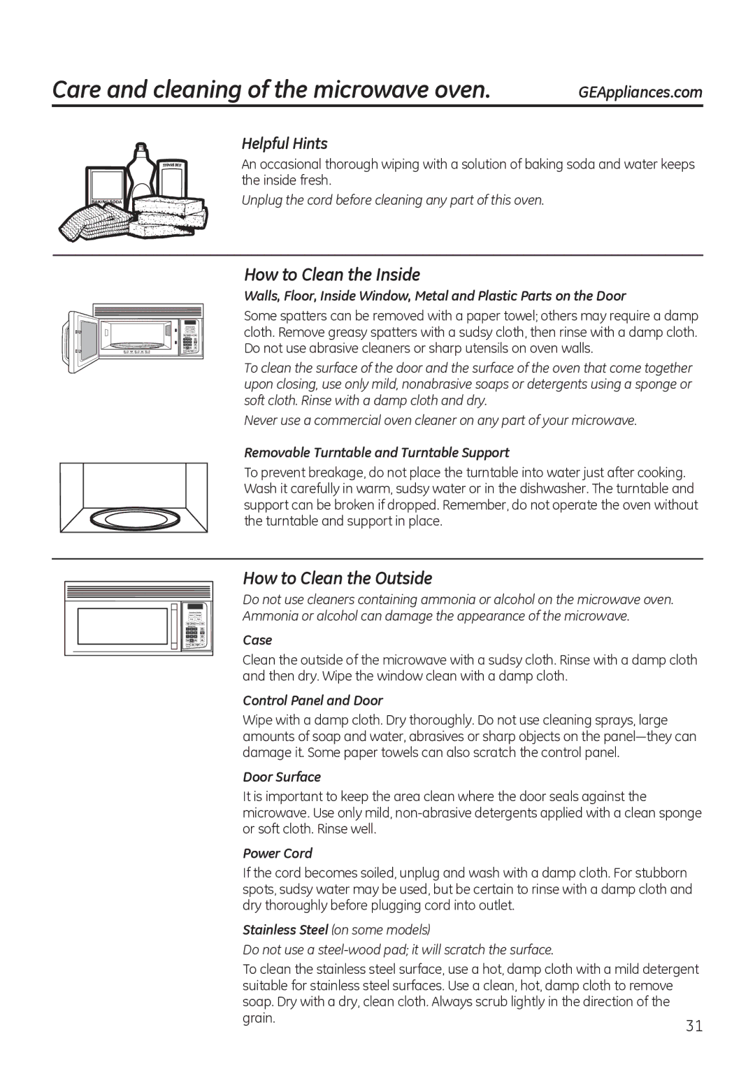 GE JNM3151 Care and cleaning of the microwave oven, How to Clean the Inside, How to Clean the Outside, Helpful Hints 