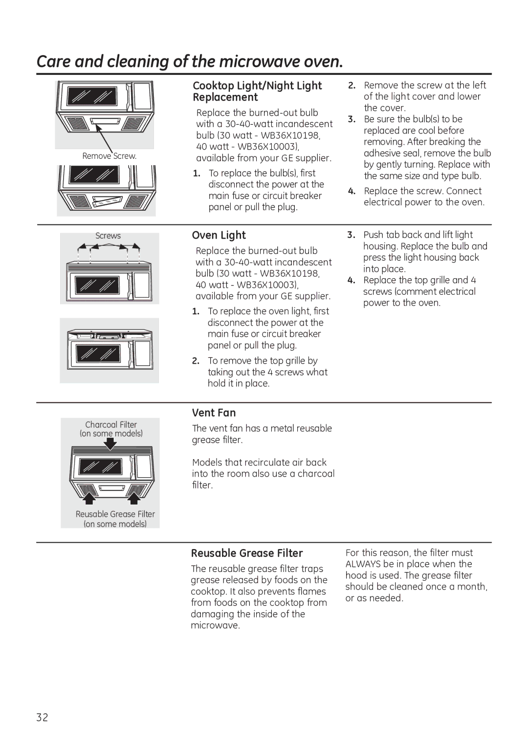 GE JVM3150, JNM3151 owner manual Cooktop Light/Night Light Replacement, Oven Light, Vent Fan, Reusable Grease Filter 