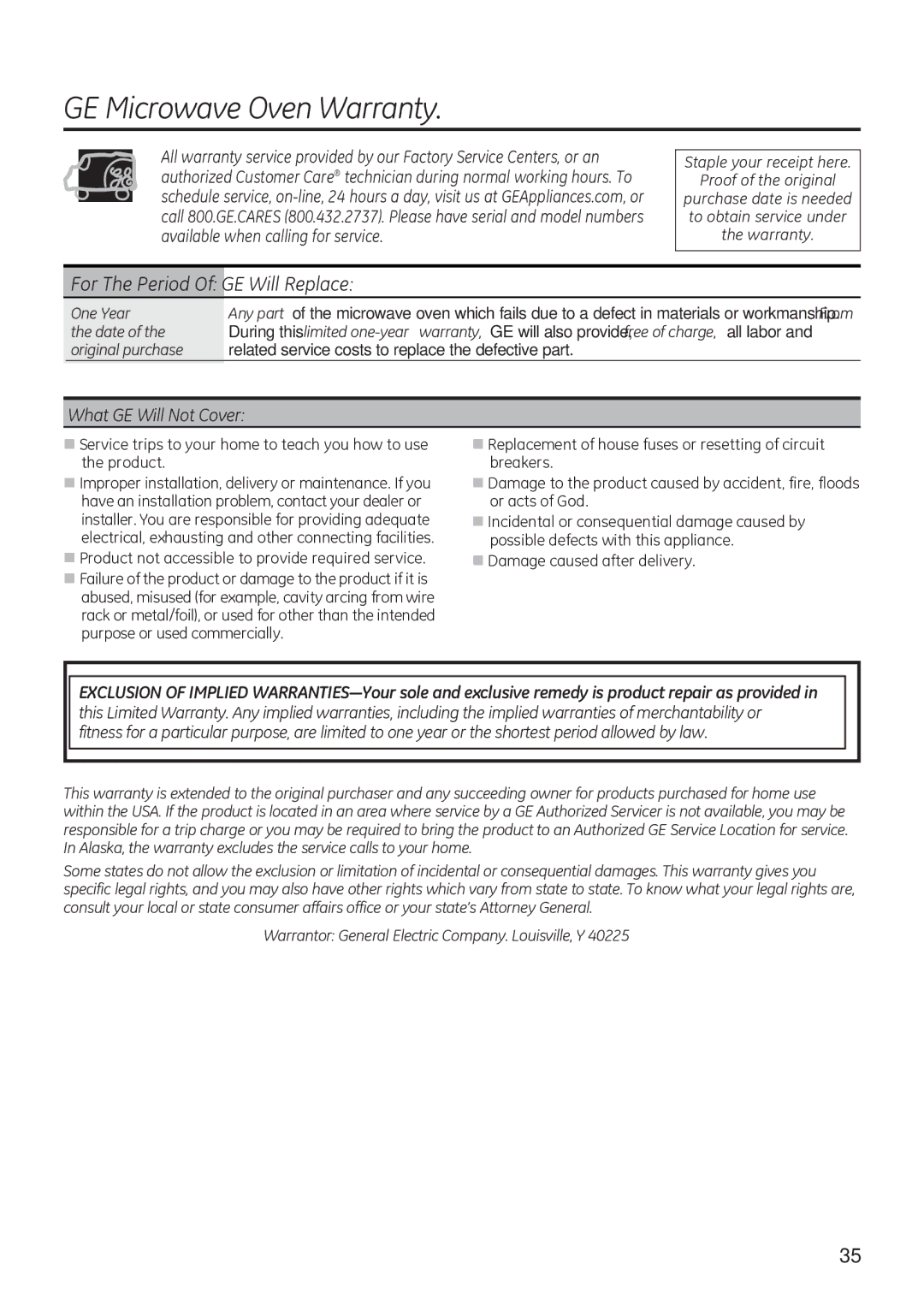 GE JNM3151, JVM3150 owner manual GE Microwave Oven Warranty, For The Period Of GE Will Replace 