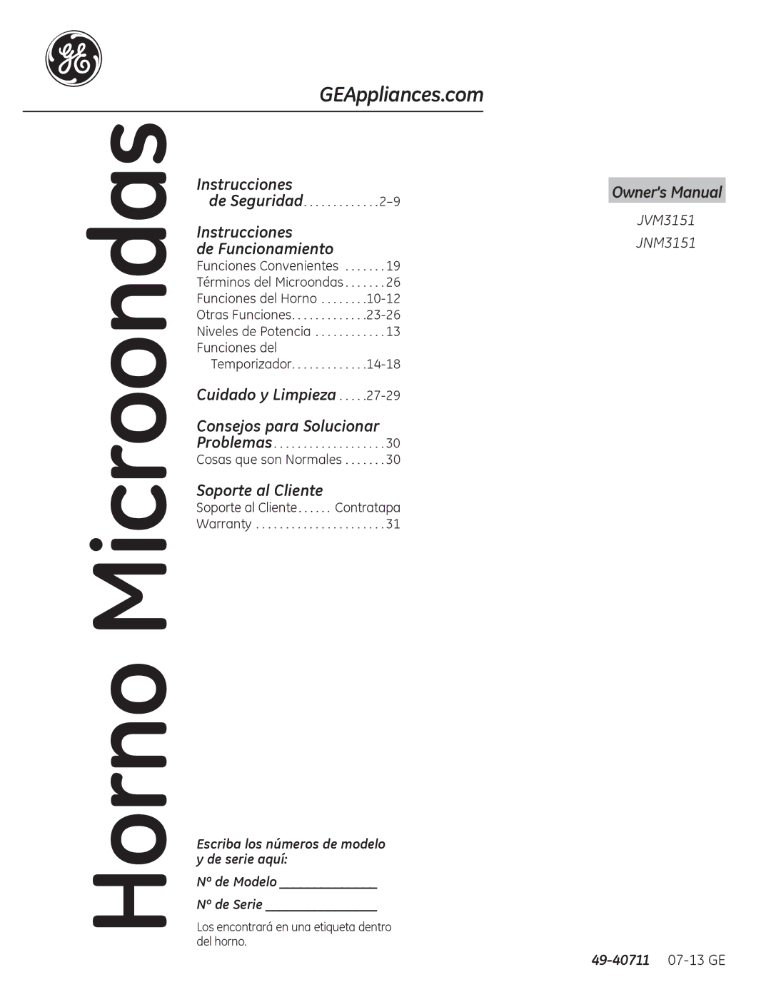 GE JNM3151, JVM3150 owner manual Horno Microondas, 49-40711 07-13 GE 