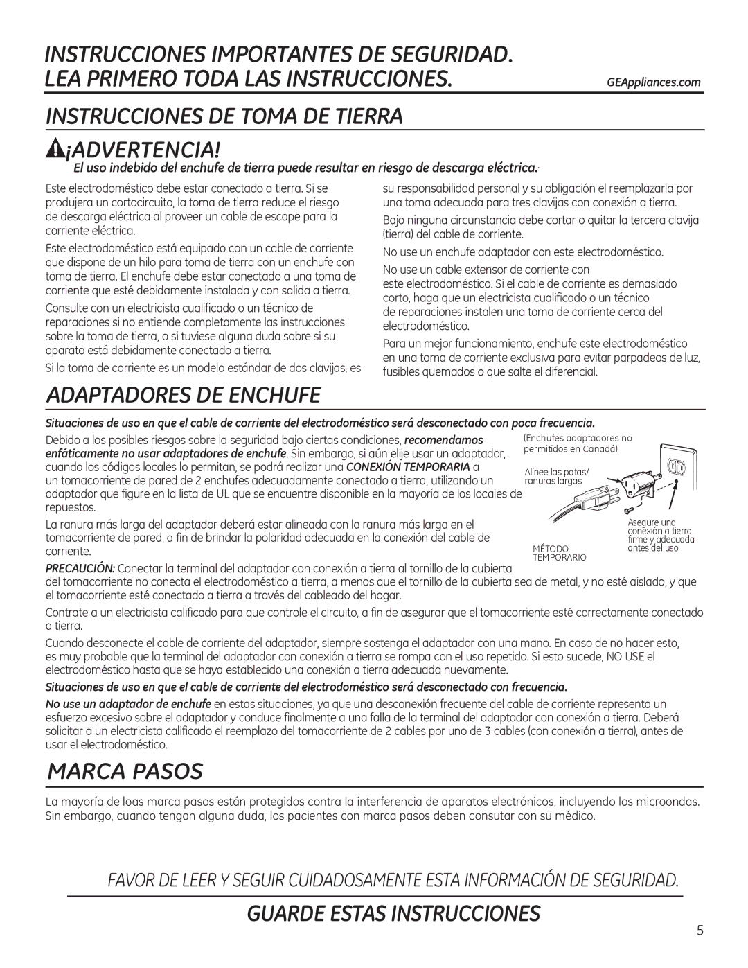 GE JNM3151, JVM3150 owner manual Instrucciones DE Toma DE Tierra ¡ADVERTENCIA 