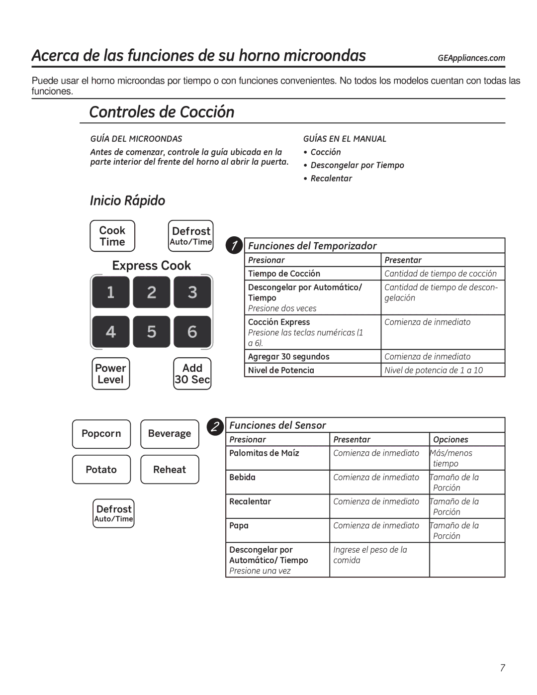 GE JNM3151, JVM3150 owner manual Controles de Cocción, Funciones del Temporizador, Funciones del Sensor, Presionar Presentar 