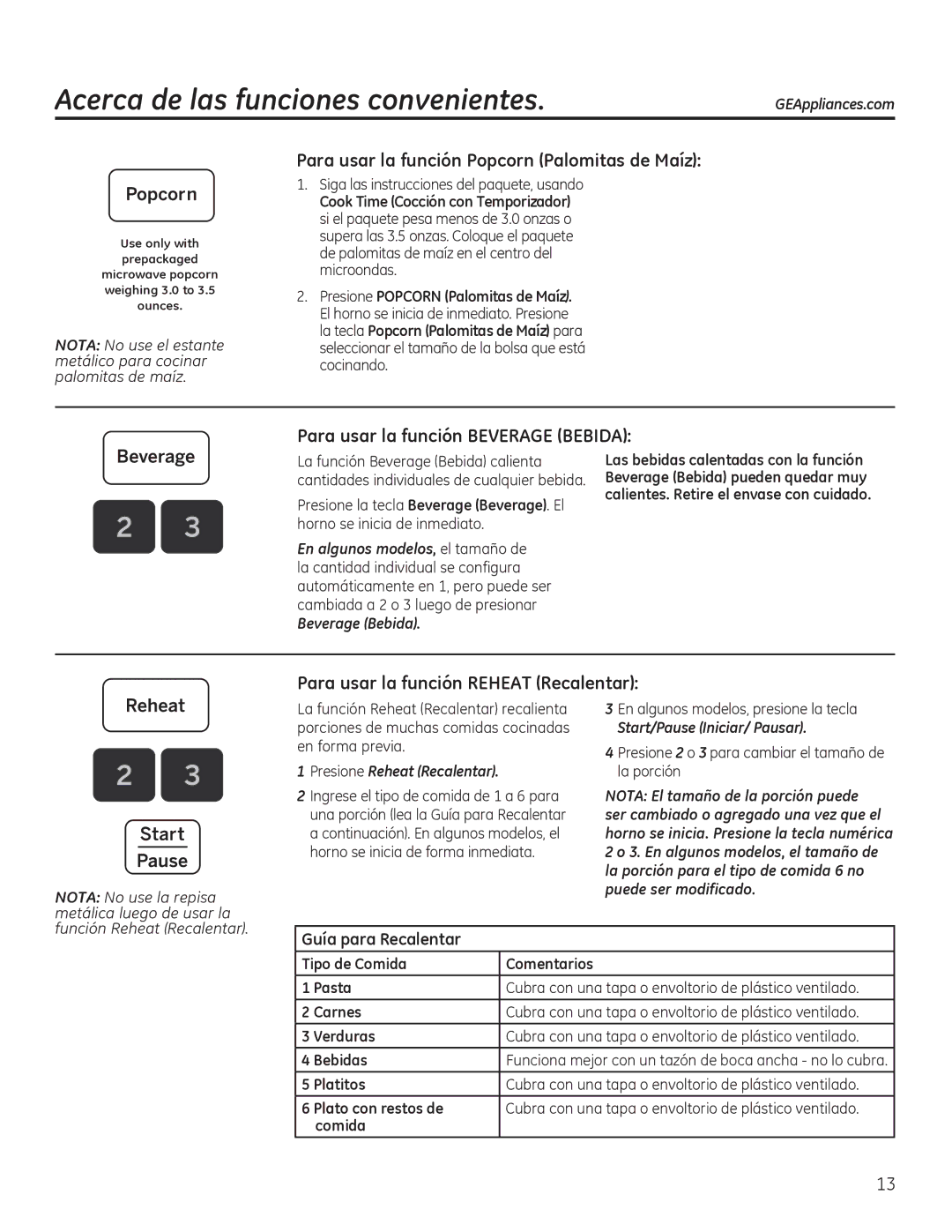 GE JNM3151 Acerca de las funciones convenientes, Beverage Bebida, Presione Reheat Recalentar, Start/Pause Iniciar/ Pausar 