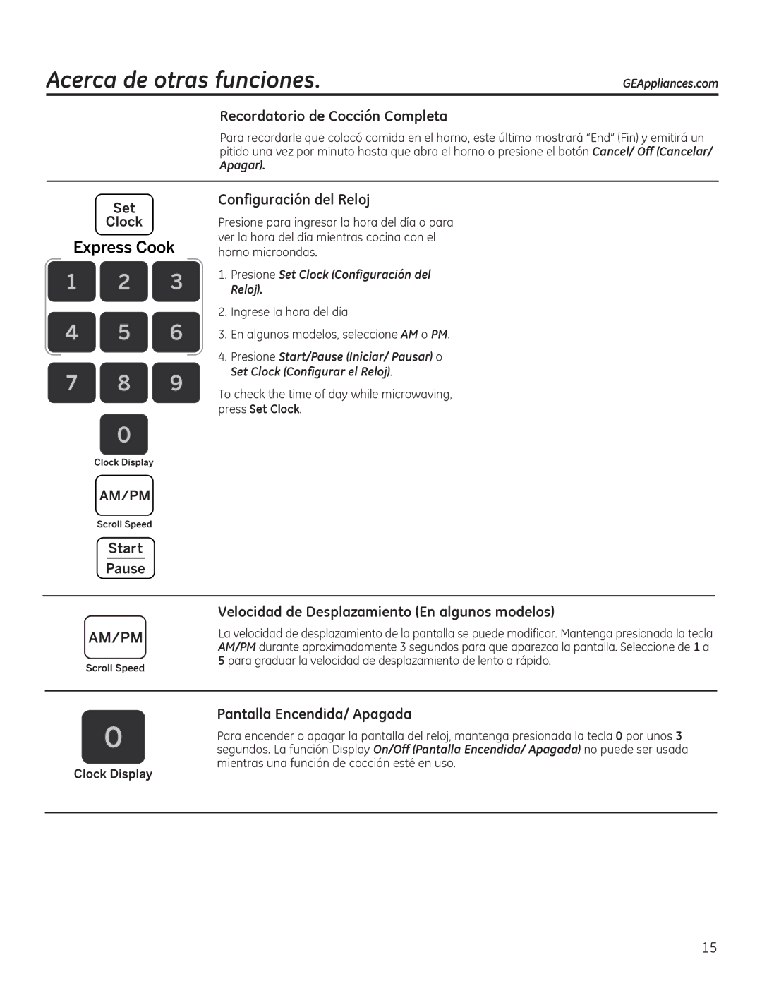 GE JNM3151, JVM3150 owner manual Acerca de otras funciones, Apagar, Presione Set Clock Configuración del Reloj 