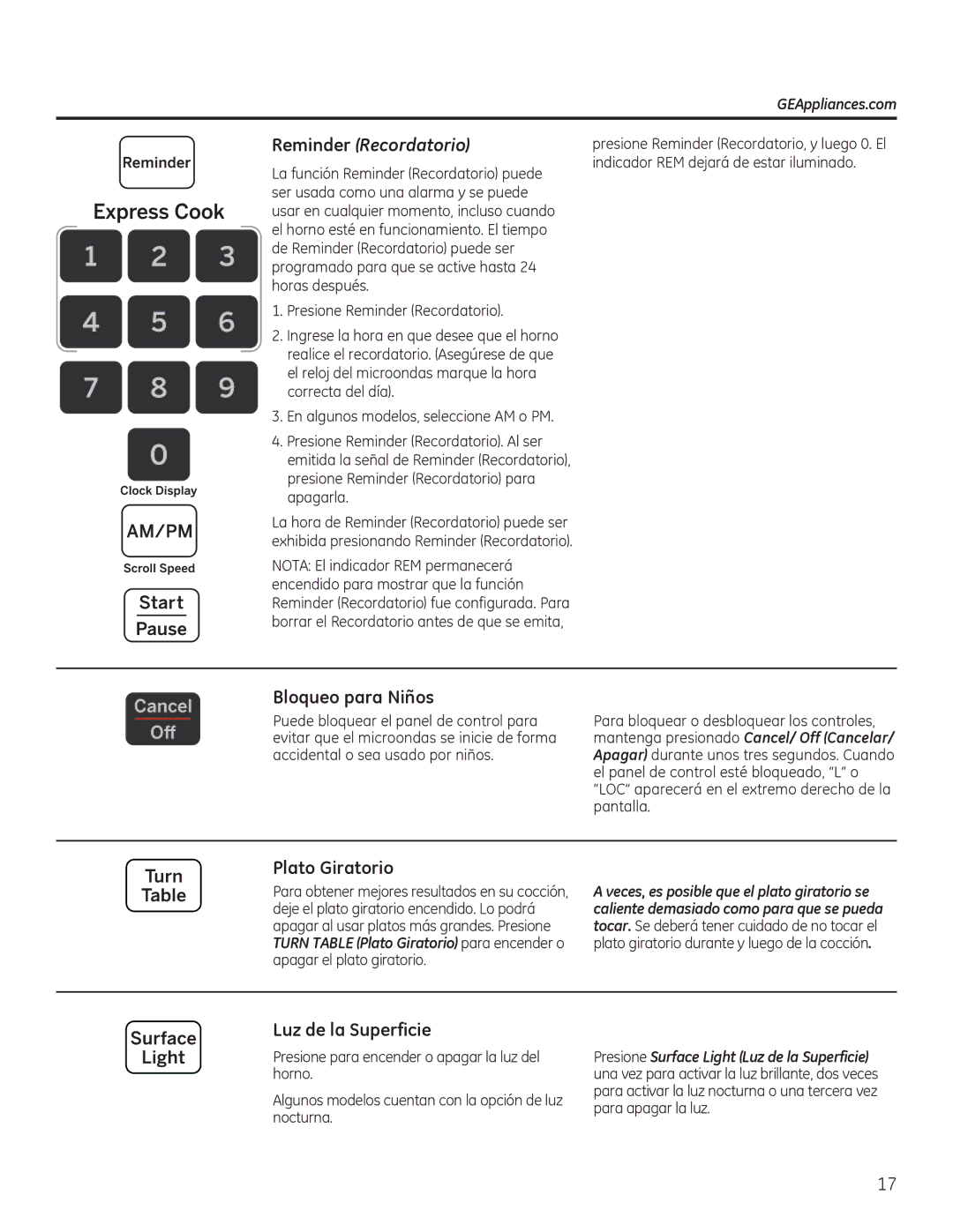 GE JNM3151, JVM3150 owner manual Reminder Recordatorio, Bloqueo para Niños 