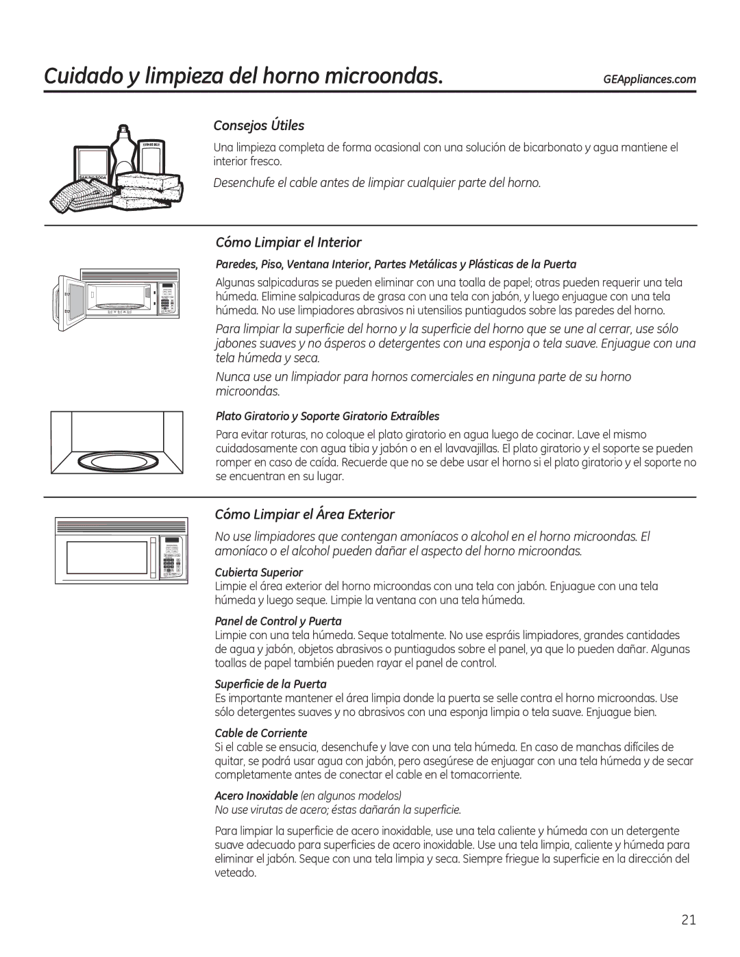 GE JNM3151, JVM3150 owner manual Cuidado y limpieza del horno microondas, Consejos Útiles, Cómo Limpiar el Interior 