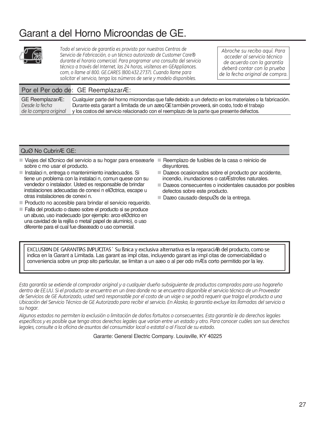 GE JNM3151, JVM3150 owner manual Garantía del Horno Microondas de GE, Por el Período de GE Reemplazará 