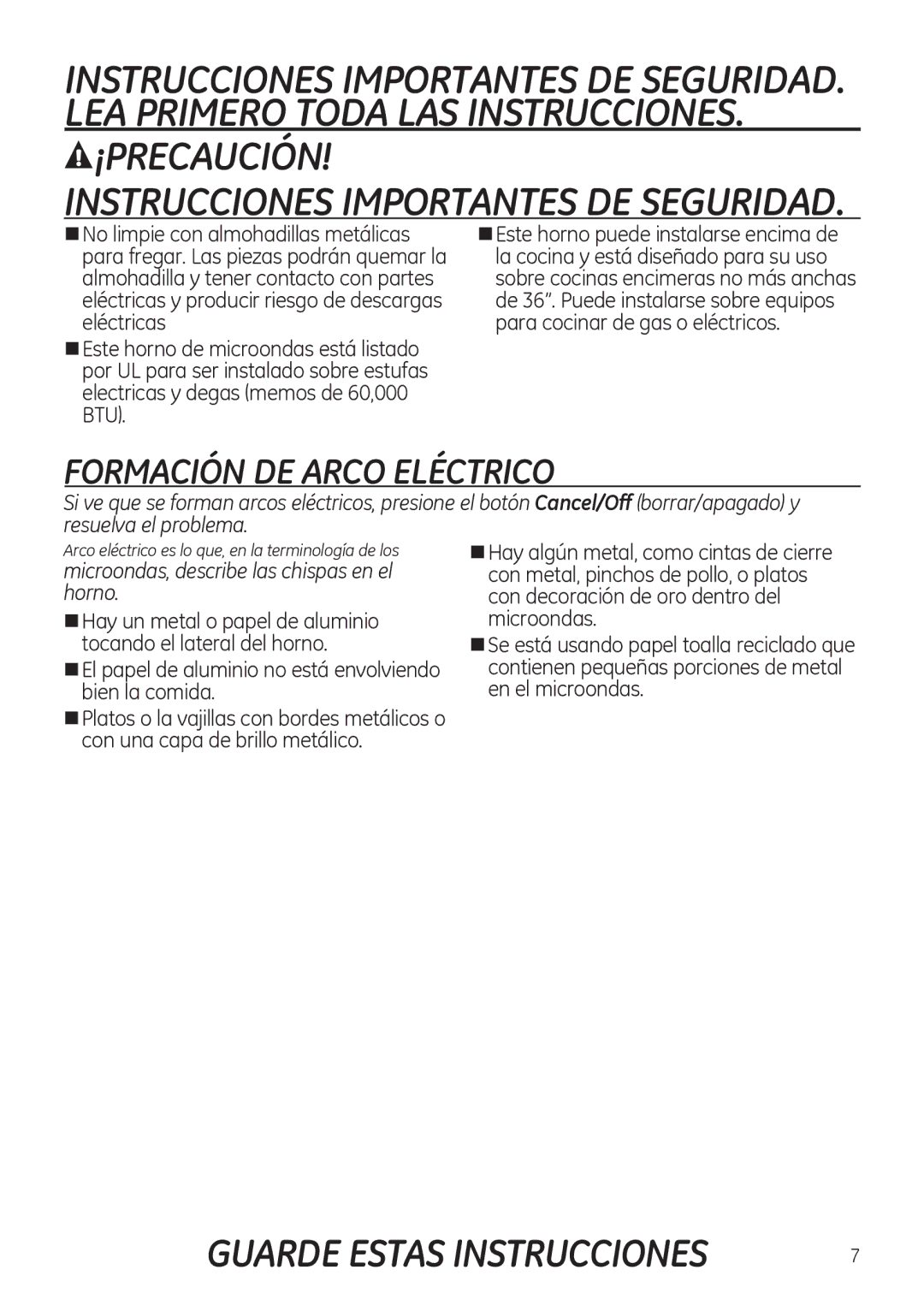 GE JNM3151, JVM3150 owner manual Formación DE Arco Eléctrico, Microondas, describe las chispas en el horno 